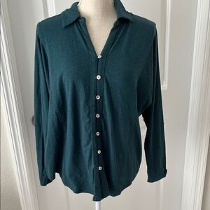 J. Jill  Long Sleeve Button Down Collared Shirt Dark Teal Green  Petite Sz M